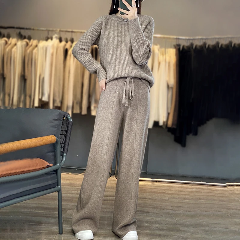 100% pure wool two-piece women\'s autumn and winter new round neck loose casual long-sleeved sweater cashmere pants suit