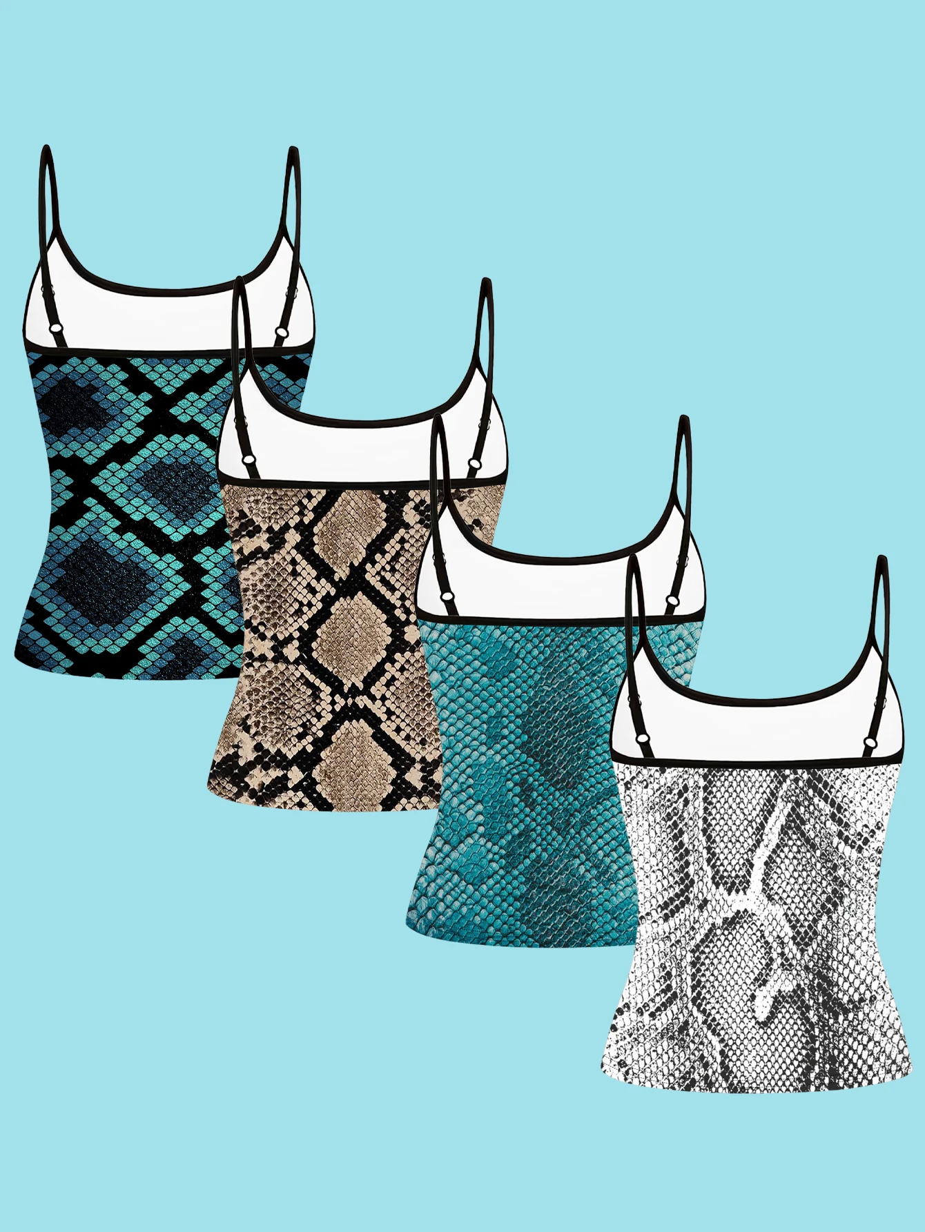 4-Piece Set of Women's Snake Skin Print Camisoles, Python Print Color-Blocked Slim-Fit Spaghetti Strap Inner Tops