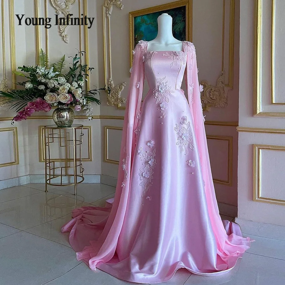 Elegant Woman A-Line Prom Dress 2024 Square Long Cape Sleeves Sweep Train Pink Elegant Evening Party Gown Holiday Wear Customize