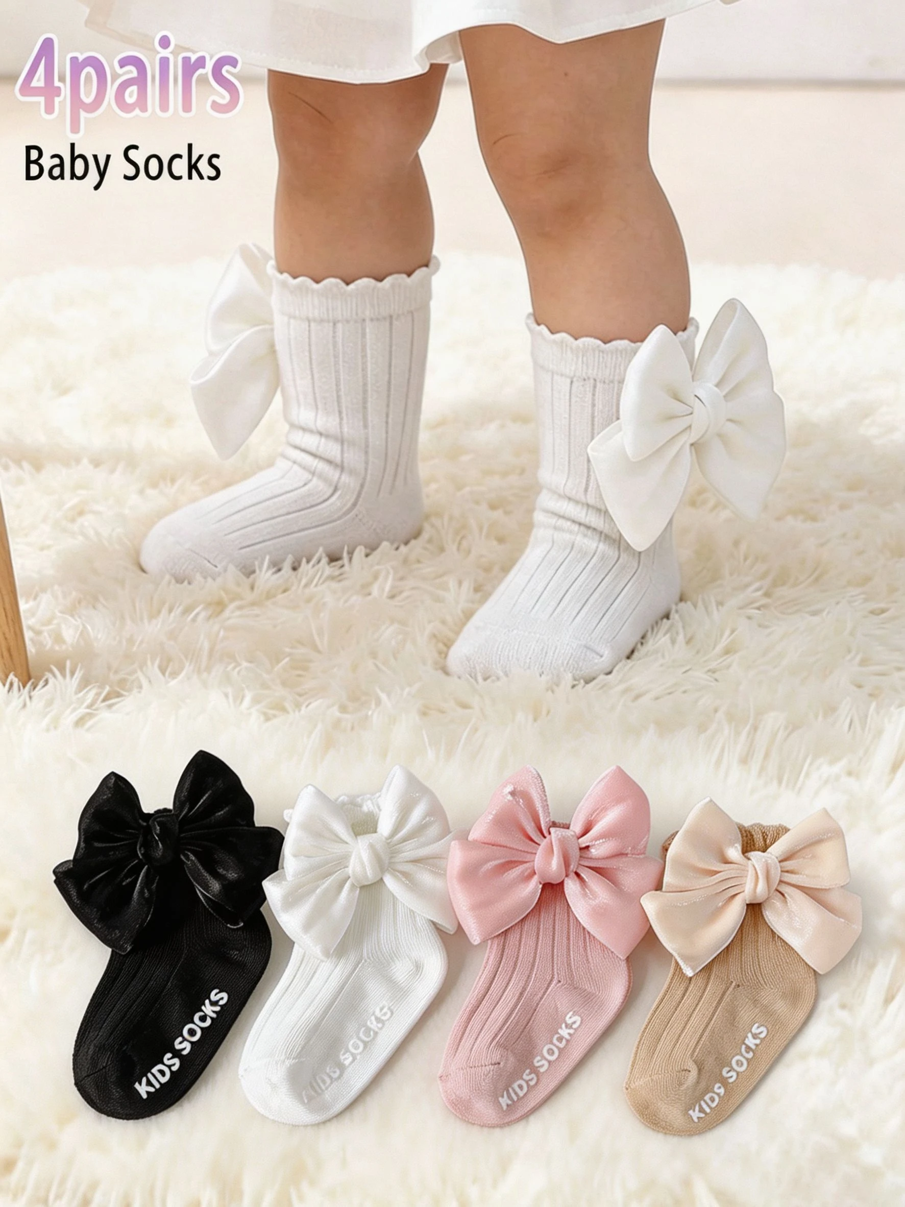 4Pairs Baby Girls Bow Socks Soft Cotton Anti Slip Ruffle Mid Calf Socks Princess Infant Socks Set for Newborn Toddler Daily Wear