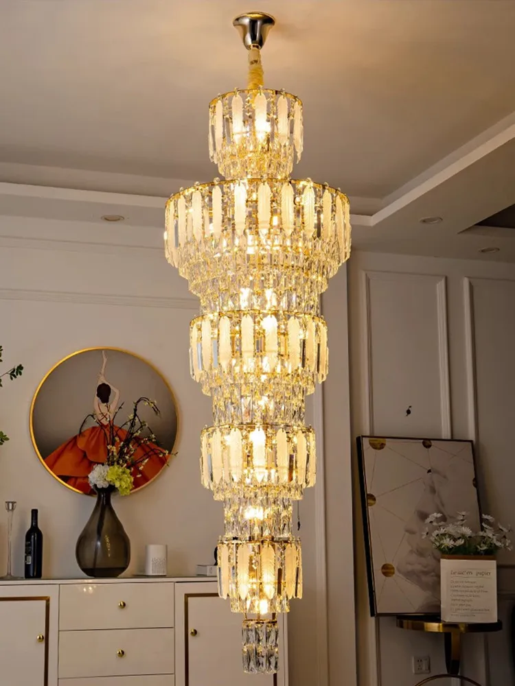

Luxury European Style Penthouse LED Chandelier Crystal Staircase Light Post-Modern Villa Hall Loft Living Room Long Pendant Lamp