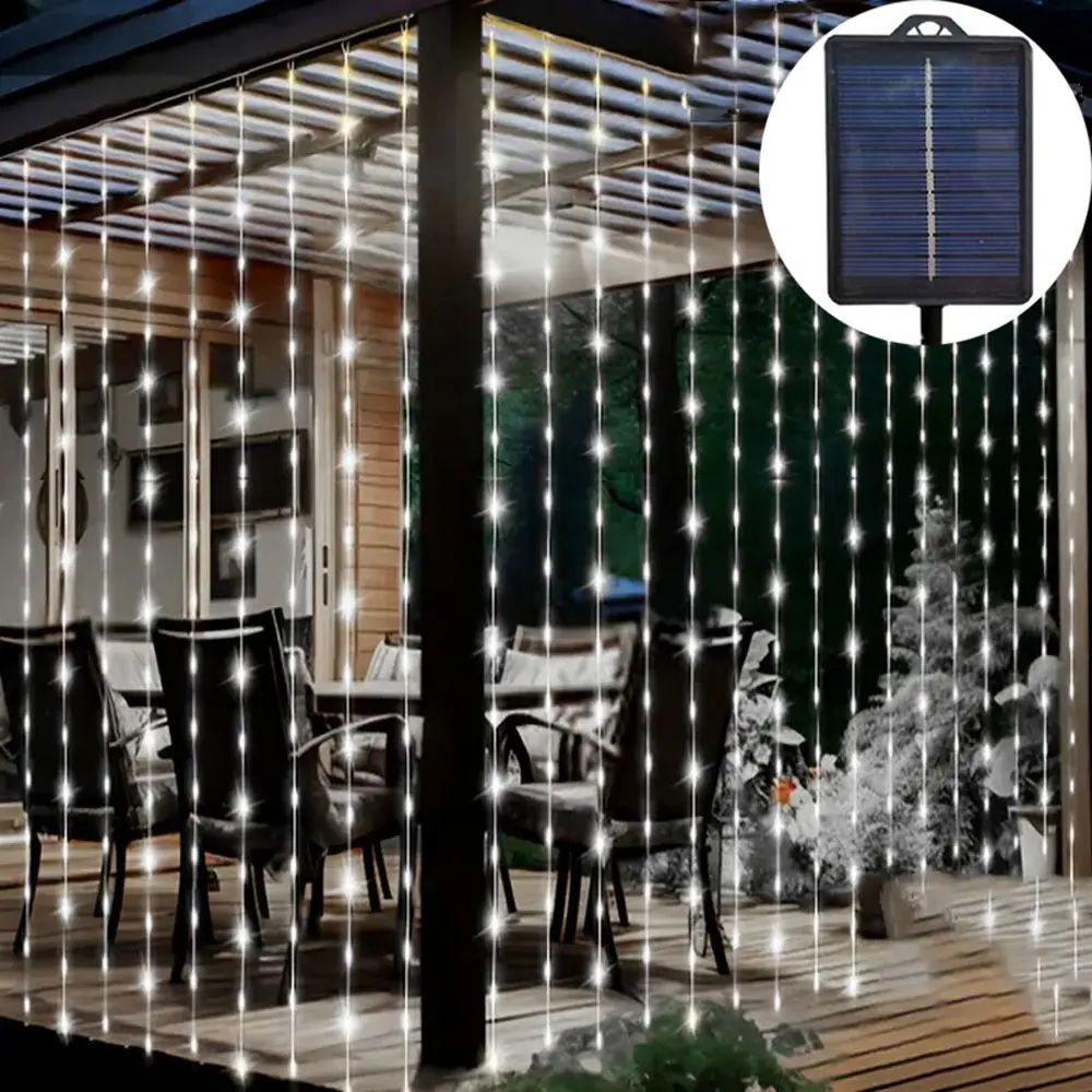 Solar Curtain Lights LED Waterfall Light with 8 Modes Fairy String Lights for Outdoor Christmas Party Holiday Wedding Decoration