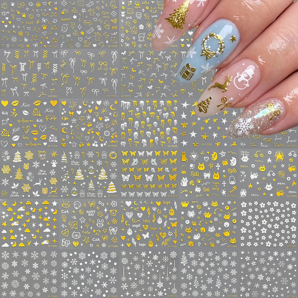 30pcs Christmas Winter Nail Stickers Multi-style Gold White Snowflake Tree Snowman Reindeer Bow Self-Adhesive Decals Nail Decor