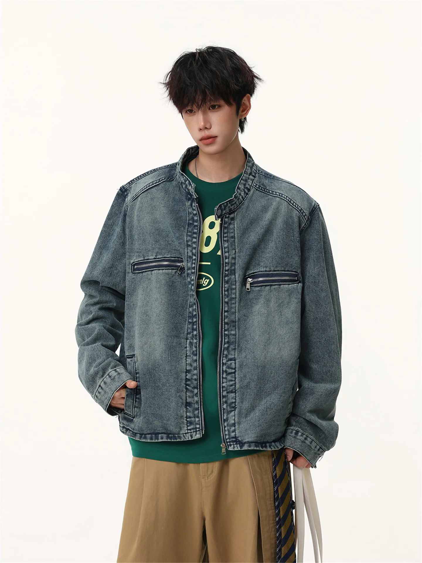 

Ретро-куртка из американского денима для мужчин, уличный стиль BF, премиум-класс, с воротником-стойкой, рабочая одежда, повседневная куртка