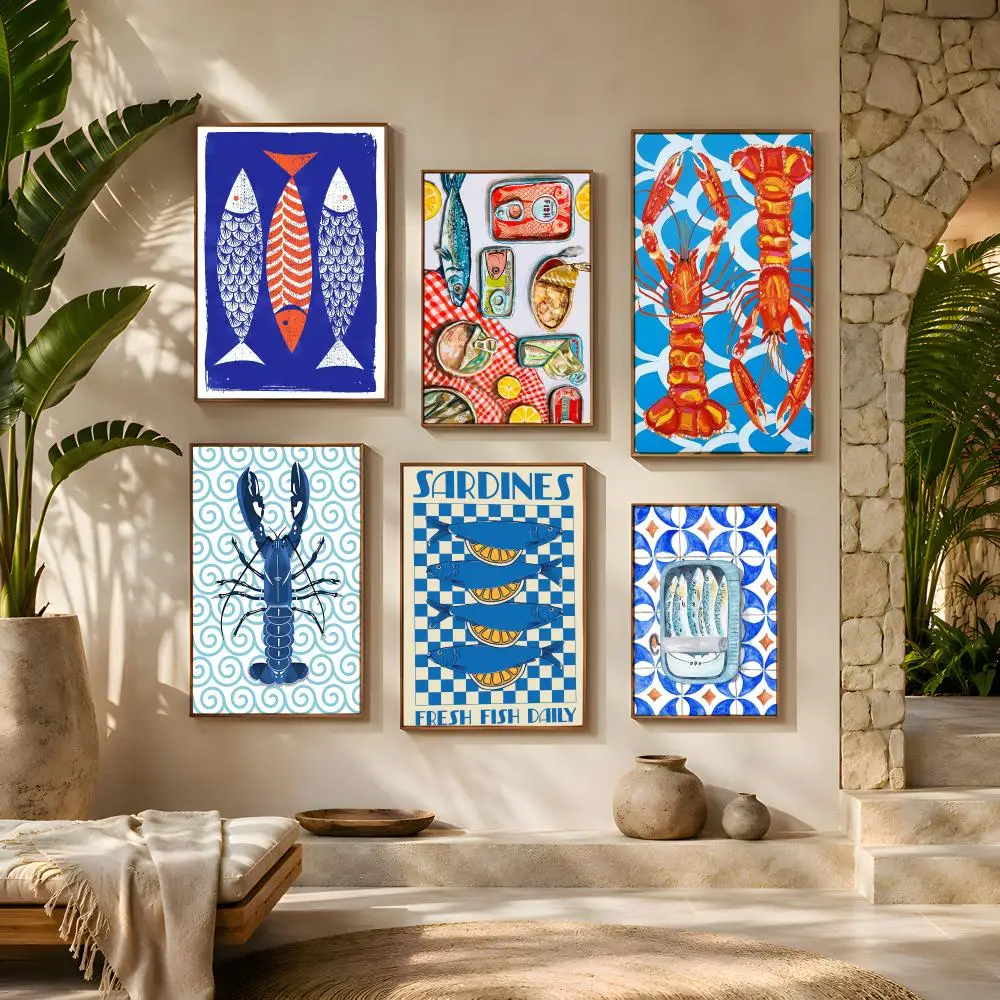 Colorful Sardine Lobster Fish Ocean Poster 1PC HD Matte Self Adhesive Wall Art No Frame Waterproof Removable Bedroom Living Room