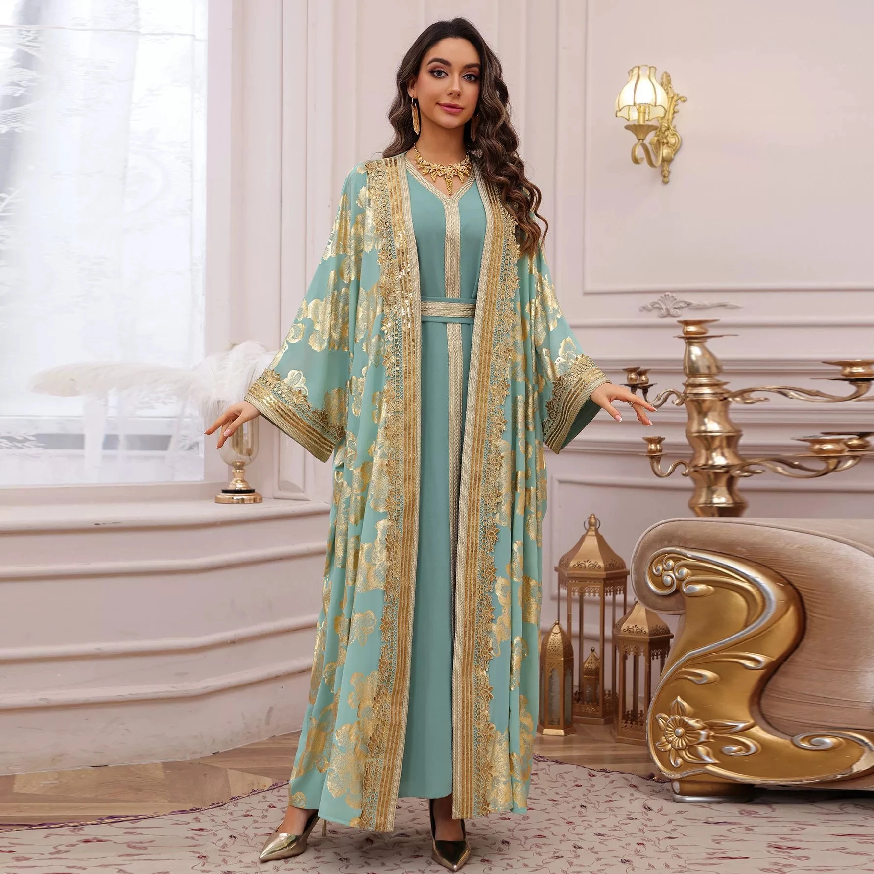 Middle East Ramadan Muslim Luxury Fashion Arab Hot Stamped Robe Two Piece Dress Trendy Party Jalabiya Dubai Islamic Robe