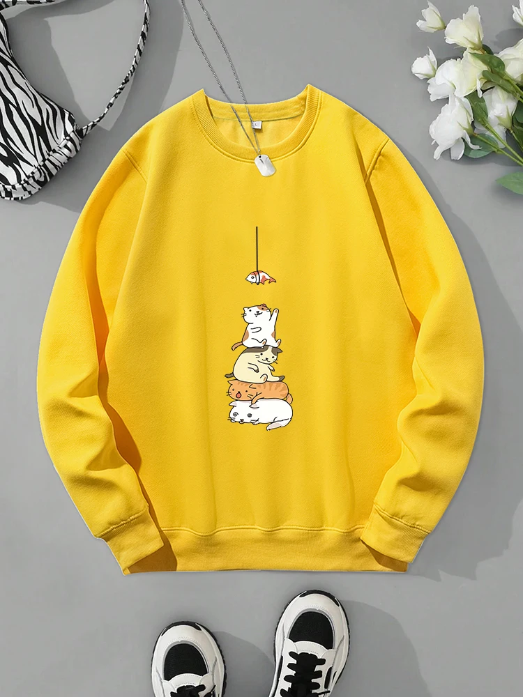 A Group Of Cats Eating Fish Print Sweatshirt Womens Autumn Comfortable Sportswear Simple Round Neck Tracksuitstreet Warm Clothes