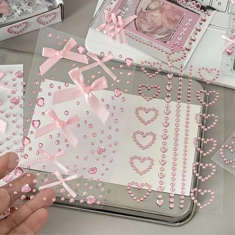 1/2pcs Pink Bow Self-Adhesive stickers, pink heart Decoration stickers, Suitable for Facial Makeup, Postcard Book Cutters