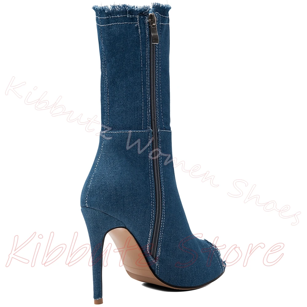 Denim Frayed Sandal Peep Toe Stiletto Heel Ankle Boots Side Slip Gothic Footwear Streetwear Club Casual Women Shoes Fashion New