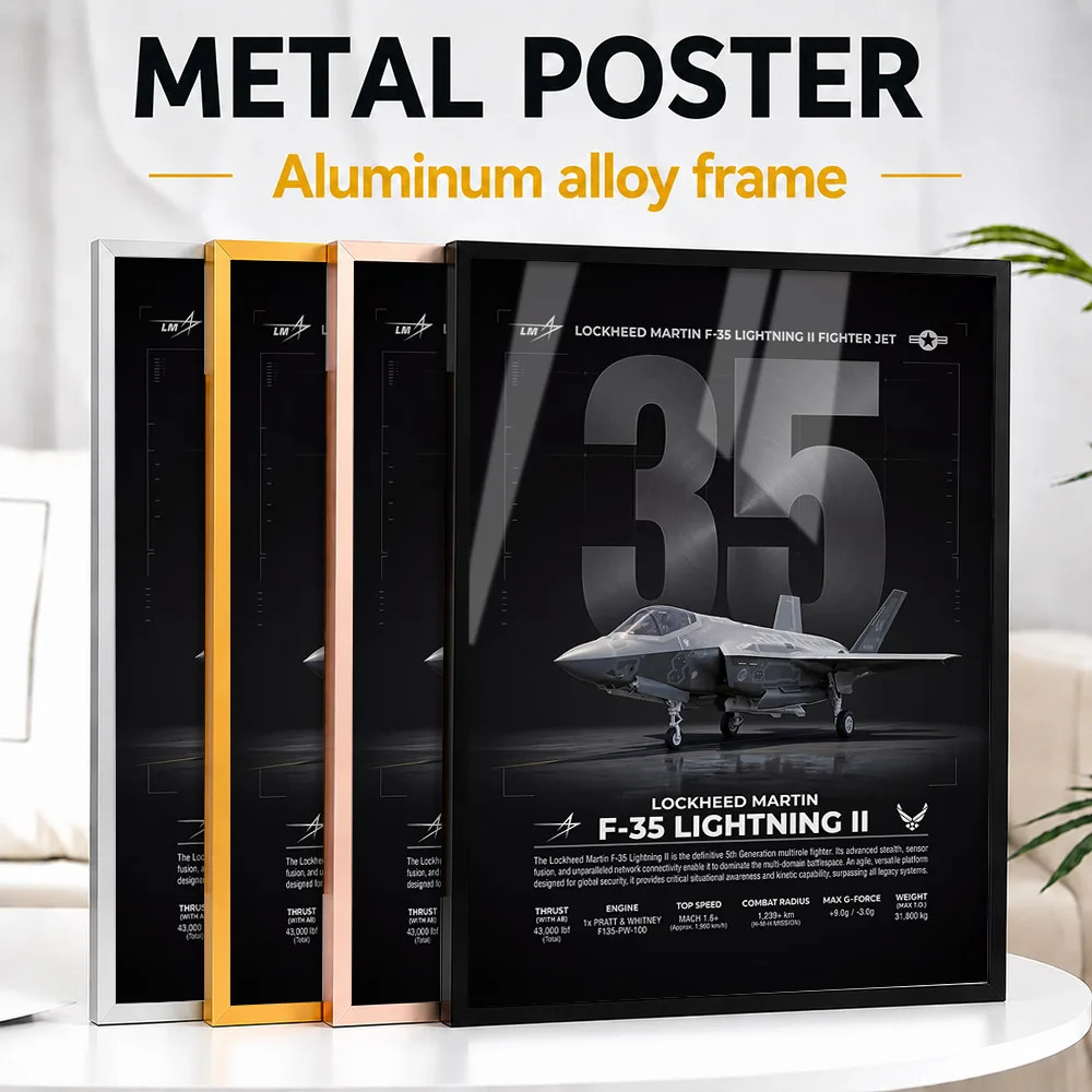 Black Background F-35 Lightning II Framed Aluminum Metal Poster Personalized Technical Graphic Wall Art In Flight Simulator Room