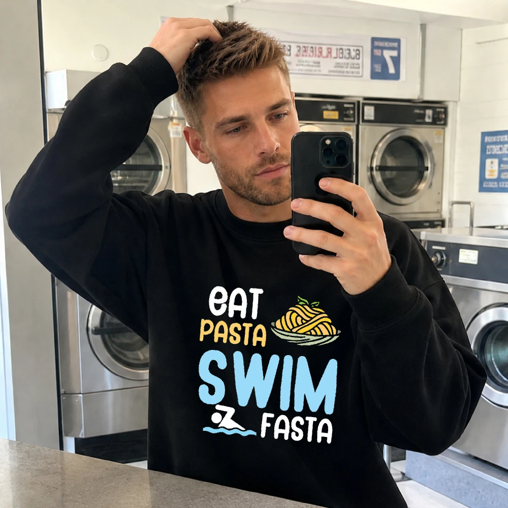 Eat Pasta Swim Fasta Pun Men Funny Sports Sweatshirt Spaghetti Graphic Top Pre Workout Energy Wear Long Sleeve Pullover
