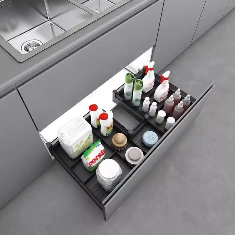 Kitchen Cabinet Bathroom Cabinet Sink Drop-down Basket All Aluminum Door Door Drawer Storage Basket U-shaped Sanitary Pull-up