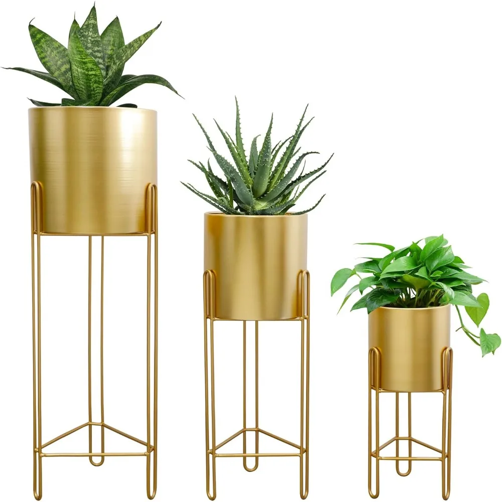 

Set of 3 Large Planters with Stand Gold Planter for Indoor Plants 29 &22 &12 Tall Morden Metal Plant Pots for Living Ro