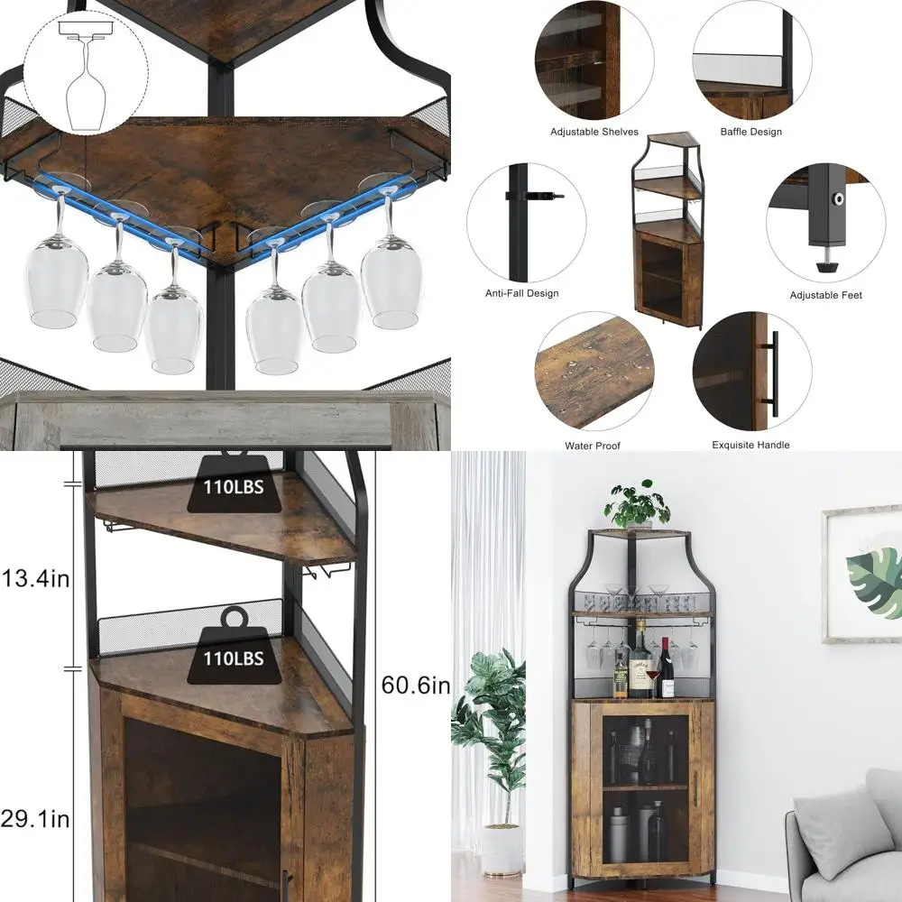 Шкаф для винного бара в деревенском коричневом стиле с достаточным отделением для хранения, съемной стойкой и держателем для стекла для домашнего использования