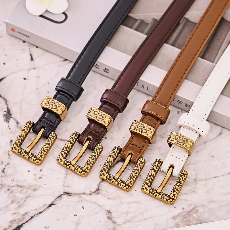 Vintage Women Leather Belt for Jeans Pants Dress Belts Thin Black Leather Belt Retro Gold Buckle Belts Skinny Thin Waistband