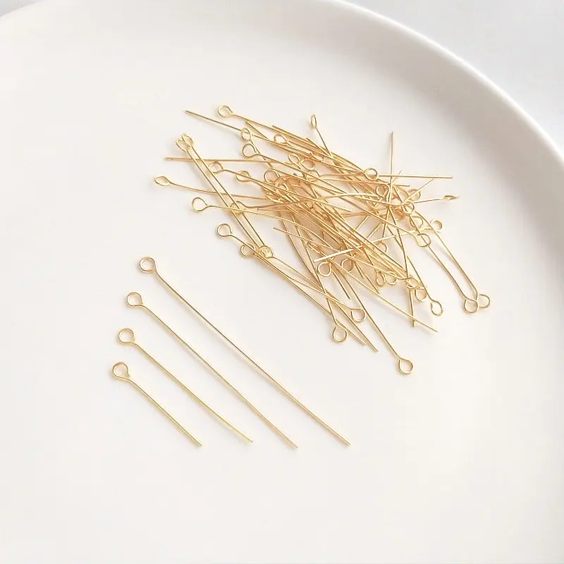 50PCS 14K Gold Color Plated Brass Needles Ball Flat  Eye Head Pins Connect Beads Pins High Quality Jewelry Accessories Findings