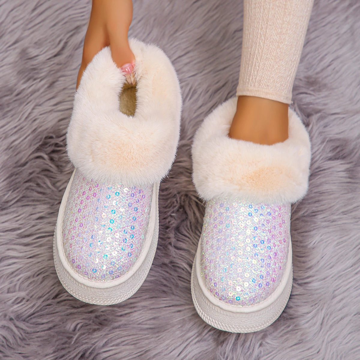 Fashion Silver Sequins Snow Boots for Women Winter 2024 Thick Sole Cozy Warm Cotton Shoes Woman Platform Faux Fur Ankle Booties