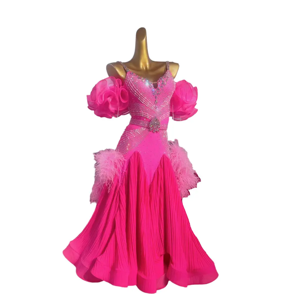 Modern Dance Ballroom Competition Women\'s High-end Custom Pink Large Skirt Rumba Performance Costume Black Pool dress