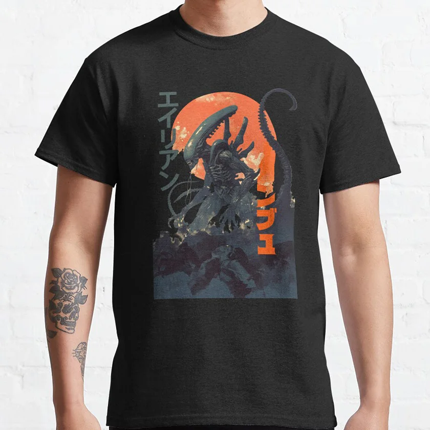 

Xenomorph Japanese scary film Poster design horror movie sci-fi Alien 100% cotton printed t shirt plus size men's clothing