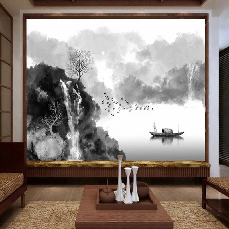 Modern High-Definition Hand-Drawn Zen-Inspired New Chinese-Style Ink-Wash Landscape Silhouette Art Decoration For TV Background