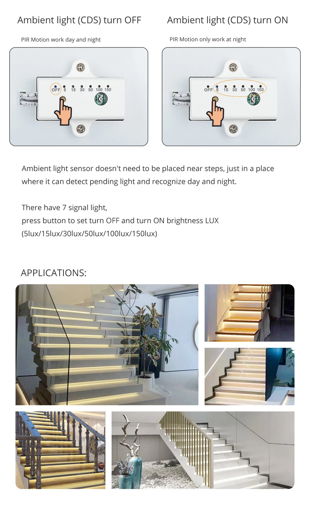 20 Steps Stair Controller 2 PIR Motion Sensor 2 Wireless Panel Switch LED Strip Dimmer Indoor Stairway Light Controller