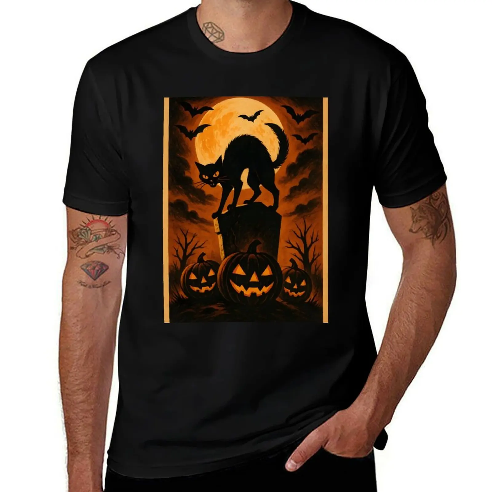 

Midnight Watcher – Black Cat Halloween Vintage Poster Style T-Shirt oversizeds kawaii clothes mens funny t shirts