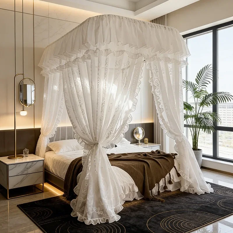 yesPalace style jacquard lace mosquito net three doors floor to ceiling bed mantle encryption home bedroom