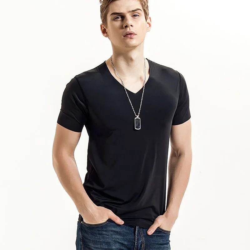 Summer Seamless Ice Silk T-Shirt Vest Men's No Trace Sports Short Sleeve Men T-shirt Solid V-neck Tees Quick Dry Shirt Tops 5XL
