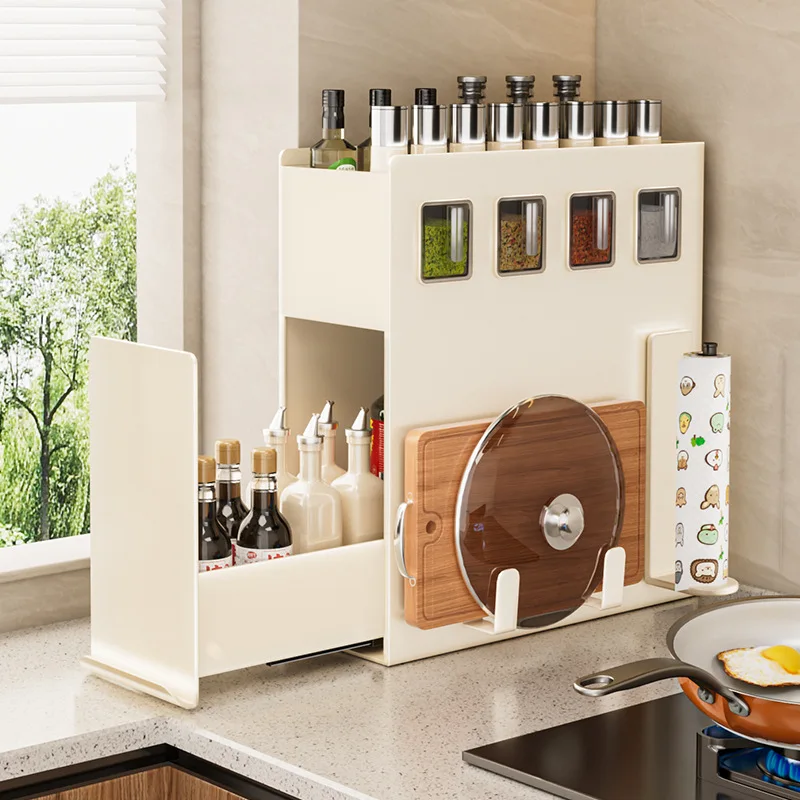Kitchen Multifunctional Storage Rack Narrow Side Pull Seasoning Cabinet Countertop Multi-layer Shelf Salt Tank Seasoning Storage