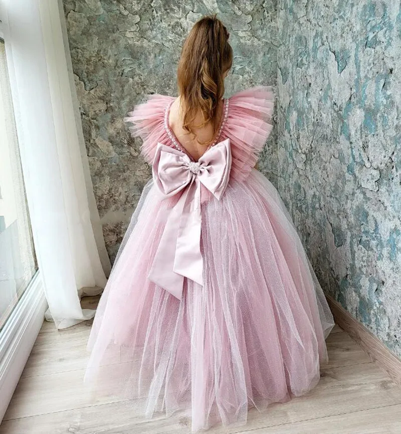 Blush Pink Flower Girl Dress V Neck Ball Gown Puffy Sleeves Princess Birthday Party Dress Pageant Gown Kid First Communion