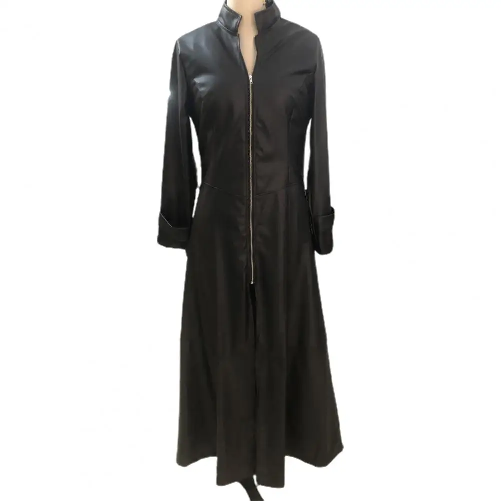 Autumn Jacket Smooth Surface Faux Leather Maxi Length Ankle Length Tight Waist Autumn Jacket Lady Autumn Coat for Shopping