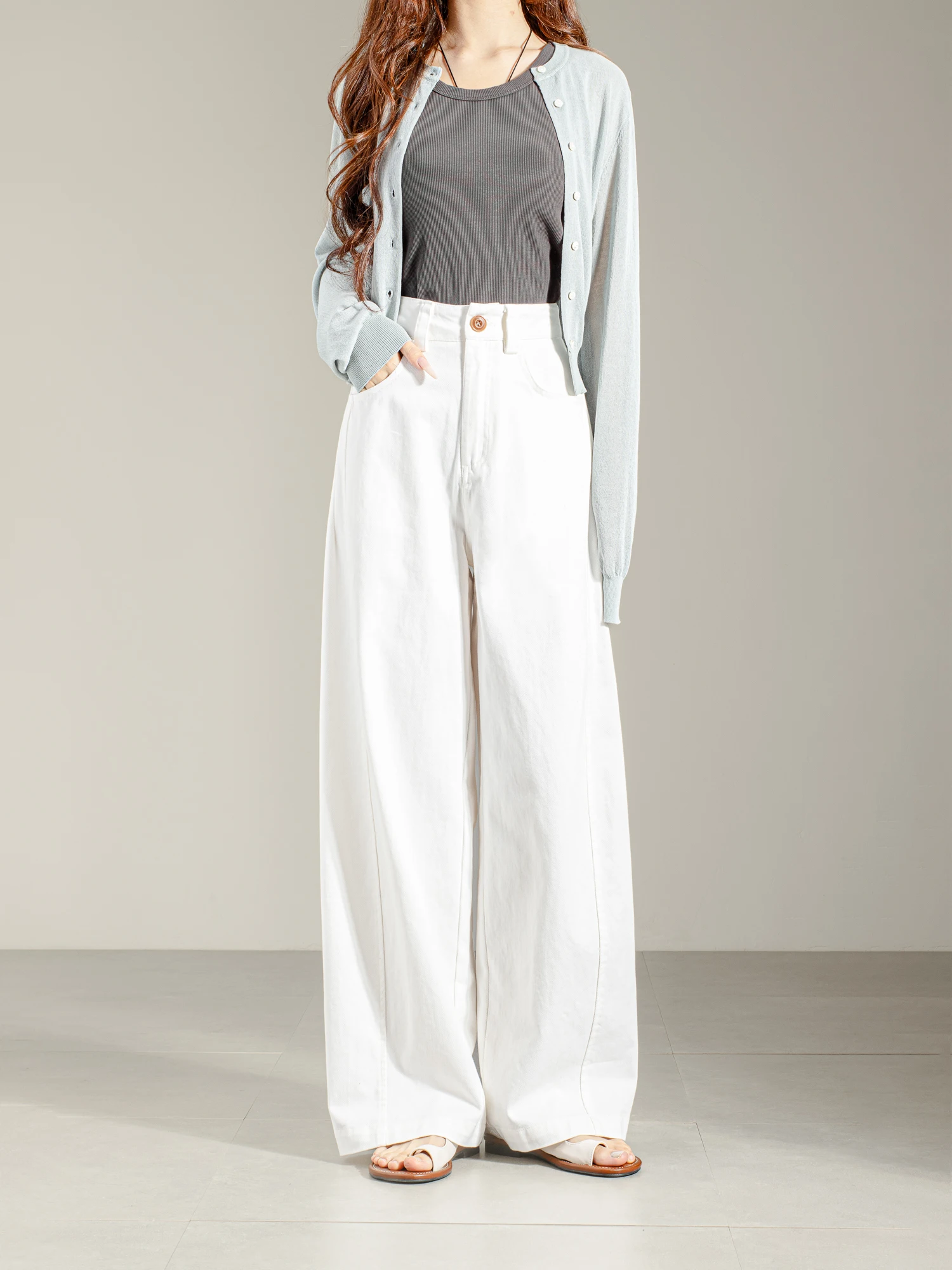 

Новинка весенней коллекции: Женские повседневные брюки с широкими штанинами и высокой талией, белые, свободного кроя, из дышащего хлопка