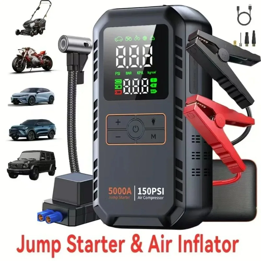 Arrancador de Coches con Compresor de Aire 5000A, Bomba de Aire de 150 PSI, Batería de 20000 mAh (10.0L Gasolina/8.0L Diésel), Banco de Energía Portátil