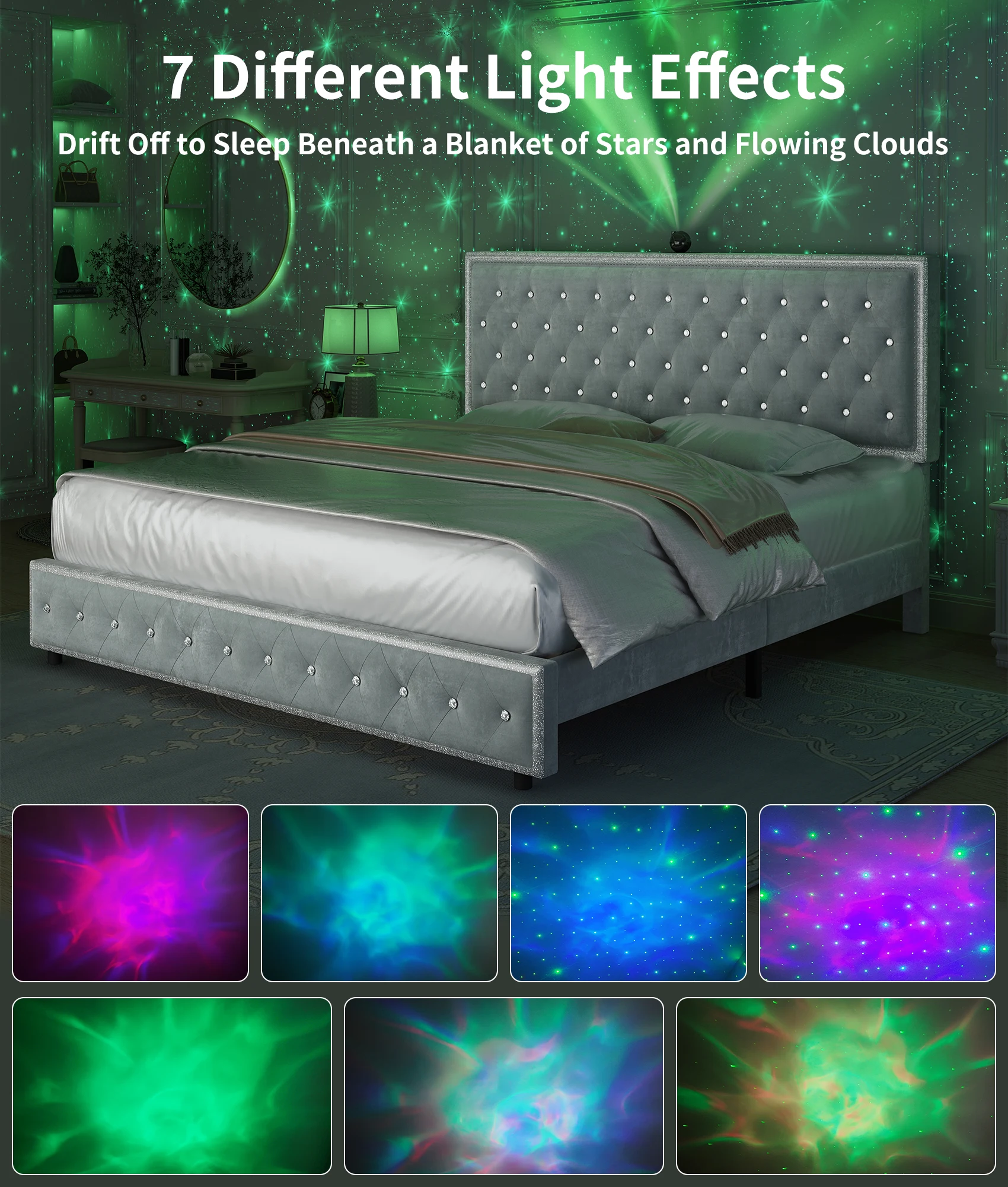 GEGOFORU Full LED Bed Frame with Galaxy Projector, Rivet Trim Headboard, Wood Slats, No Box Spring Needed, Velvet Gray