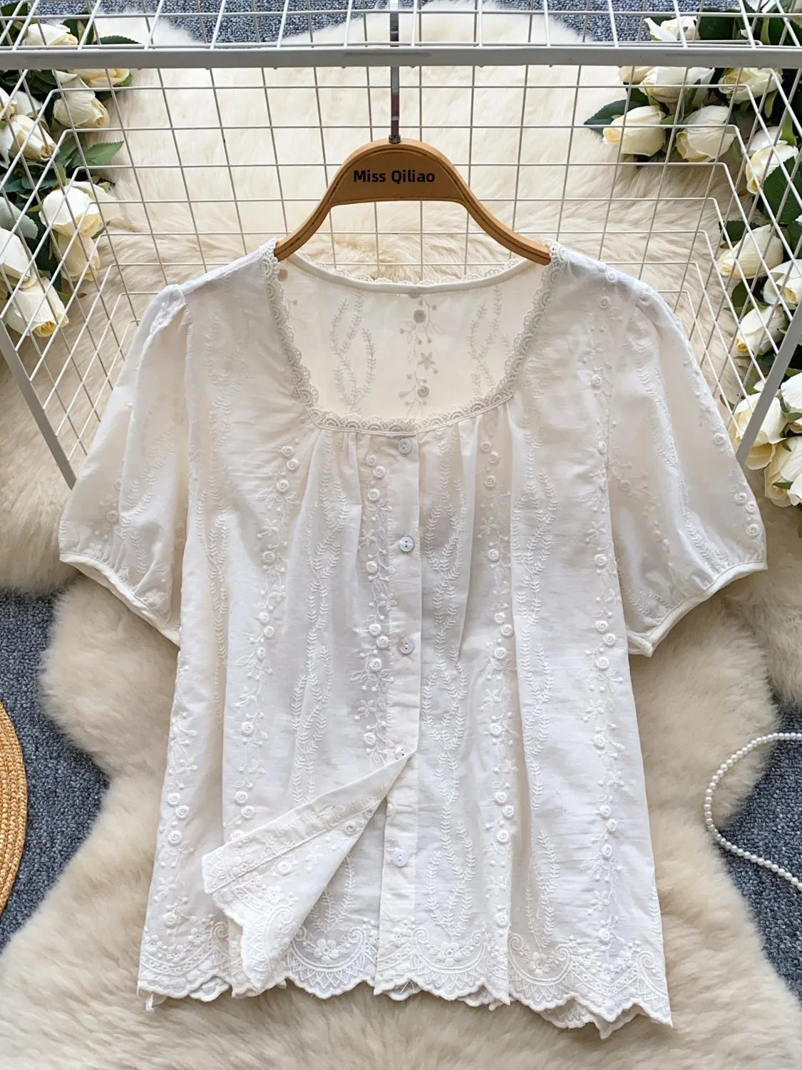 Casual Embroidered Bubble Sve irt Women's Summer Faion Age-Defng Square Collar Single Button Loose Fit Commute Sle