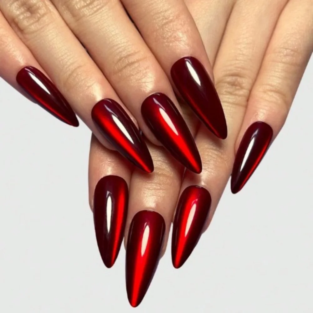 24Pcs Round Head Full Cover Fake Nail Tips Long Stiletto False Nails with Red Cat's Eye Deisgn Wearable Almond Press on Nails