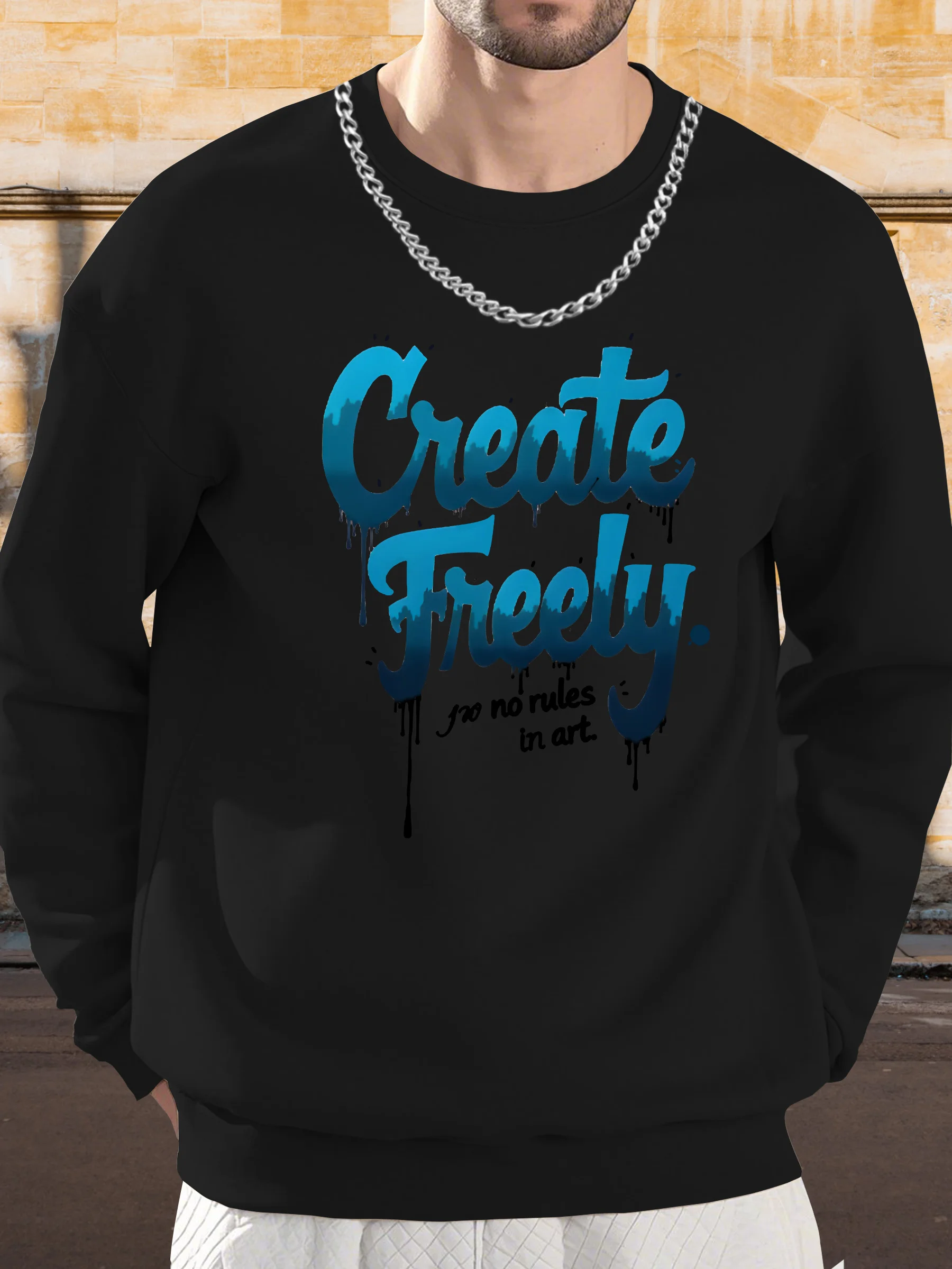 

Men's Oversized Streetwear Sweatshirt with "Create Freely" Graffiti Print - Grey & Blue Drip Lettering Loose Fit Casual Pullover