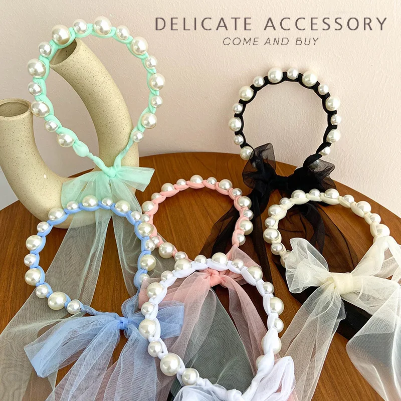 Children\'s Pearl Ribbon Hair Hoop Cute Girl Mesh Headband Sweet Bow Decoration Hair Accessory Party Performance Gifts