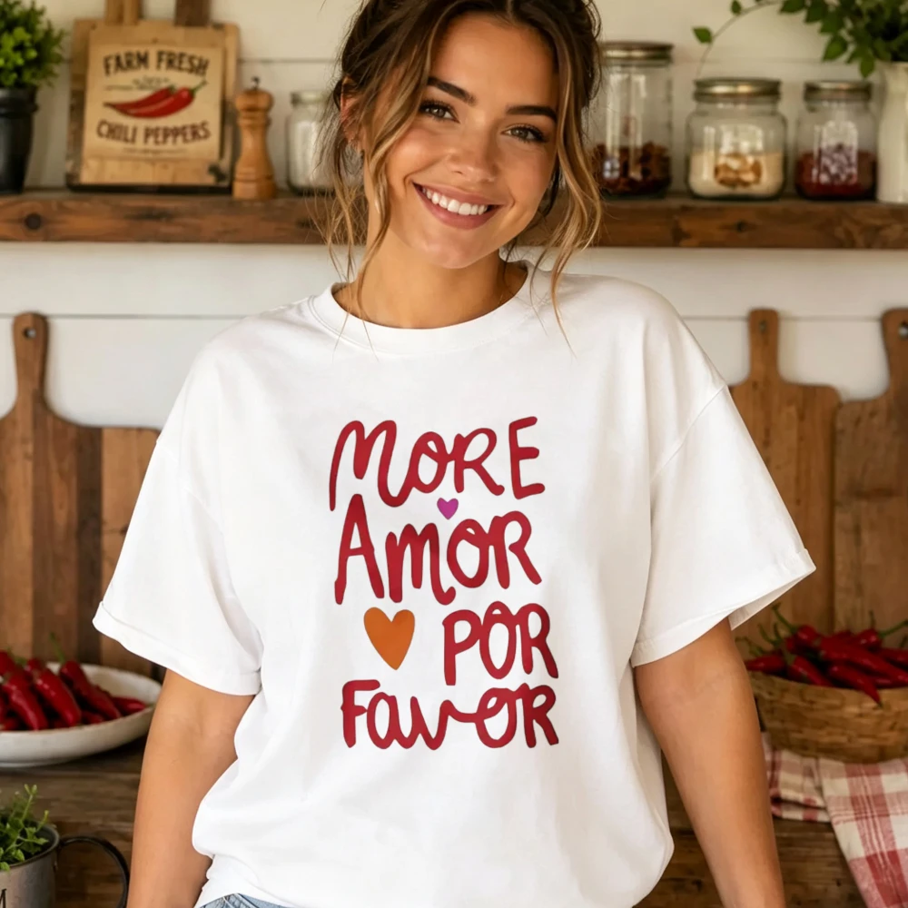 More Amor Por Favor Spanish Quote Heart Print T Shirt Women Retro Handwritten Font Tee Love Kindness Casual Loose Cotton Tshirt