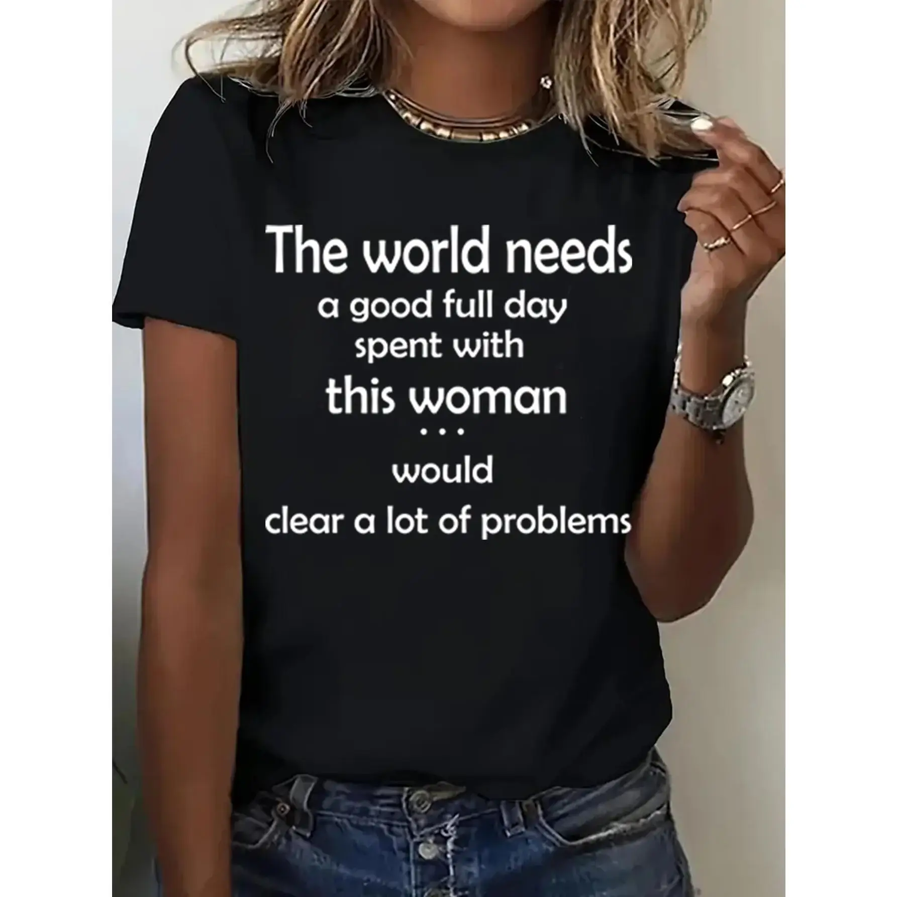 

Women'S Slim Fit Graphic Print T-Shirt - "The World Needs A Good Full Day Spent With This Woman" Design, Casual Short Sleeve Cre
