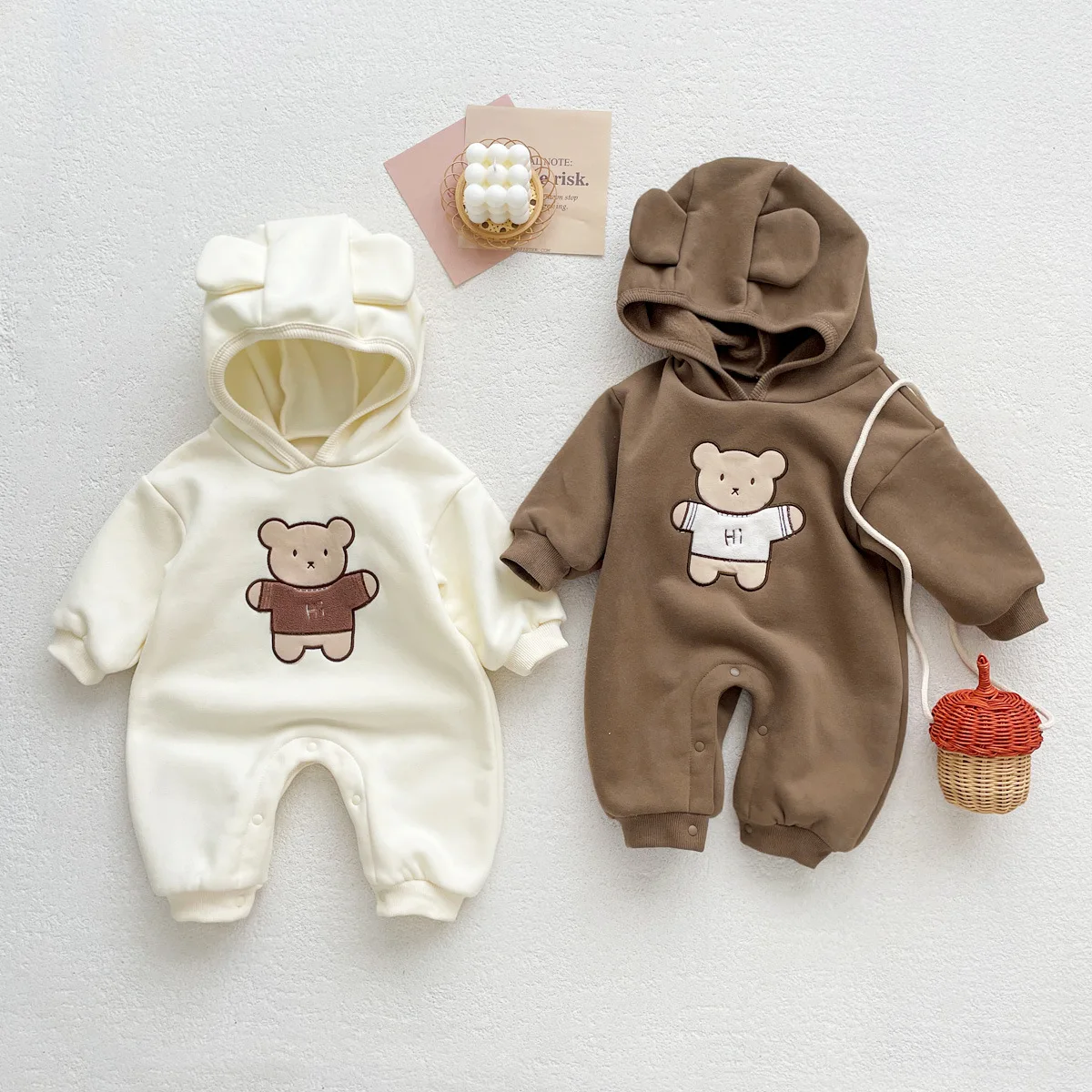 Ins Autumn Winter Baby Boy Romper Cotton Plus Velvet Long Sleeve Warm Newborn Boy Bodysuit Cartoon Bear Hooded Infant Boy Onesie