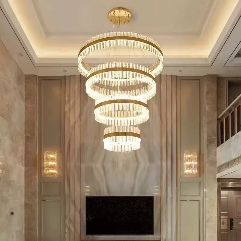 

Luxury Crystal Chandeliers Duplex Building Large Stainless Steel Pendant Lights Modern Simple Villa Staircase Living Room Hollow