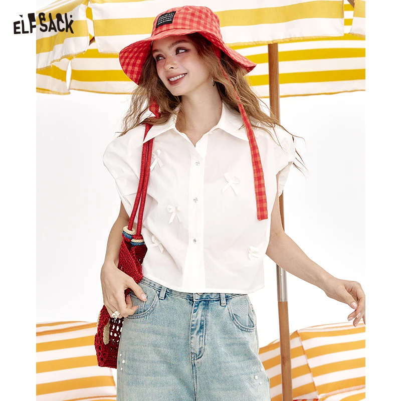 ELFSACK 2025 Summer New Arrivals Bow Shaped Little Flying Sleeve Chic Sweet Shirt For Women