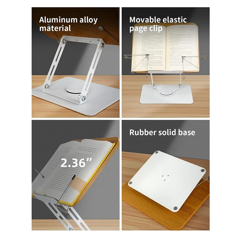 1 PCS Book Stand For Reading-Adjustable Book Holder Silver & Wood Color Aluminum Alloy + Bamboo Wood For Book,Recipe,Laptop