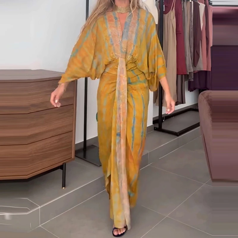Temperamento manga morcego solto vestido de festa elegante senhora impressão comute amarrar vestido casual com decote em v cintura alta plissado bohe maxi vestido