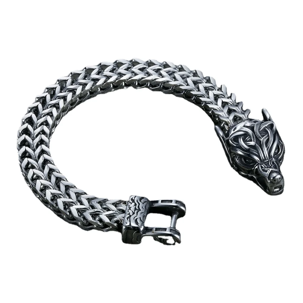 European and American Popular Accessories Punk Style Stainless Steel Men's Nordic Viking Mythology Wolf Head Woven Bracelet