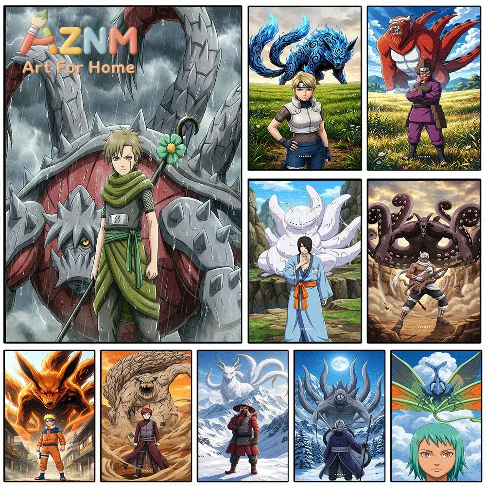 Naruto Tailed Beasts & Jinchuriki Anime Canvas Wall Art, Classic Character Illustration Print, Unframed Canvas Painting for Be