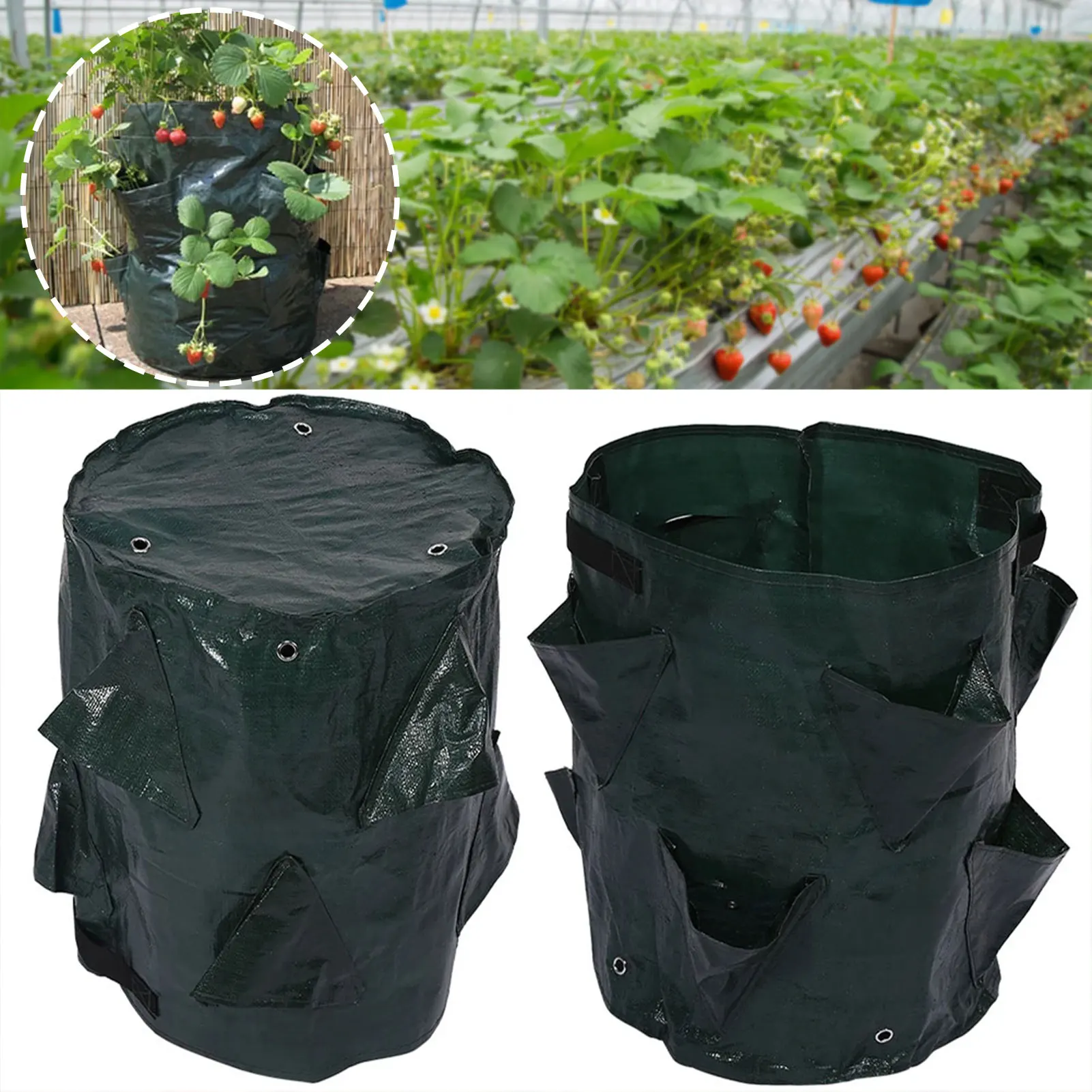 

Plant Grow Bag Portable Strawberry Grow Bag Garden Planting Bag with 8 Side Pockets Vertical PE Vegetable Fruit Pot Planter