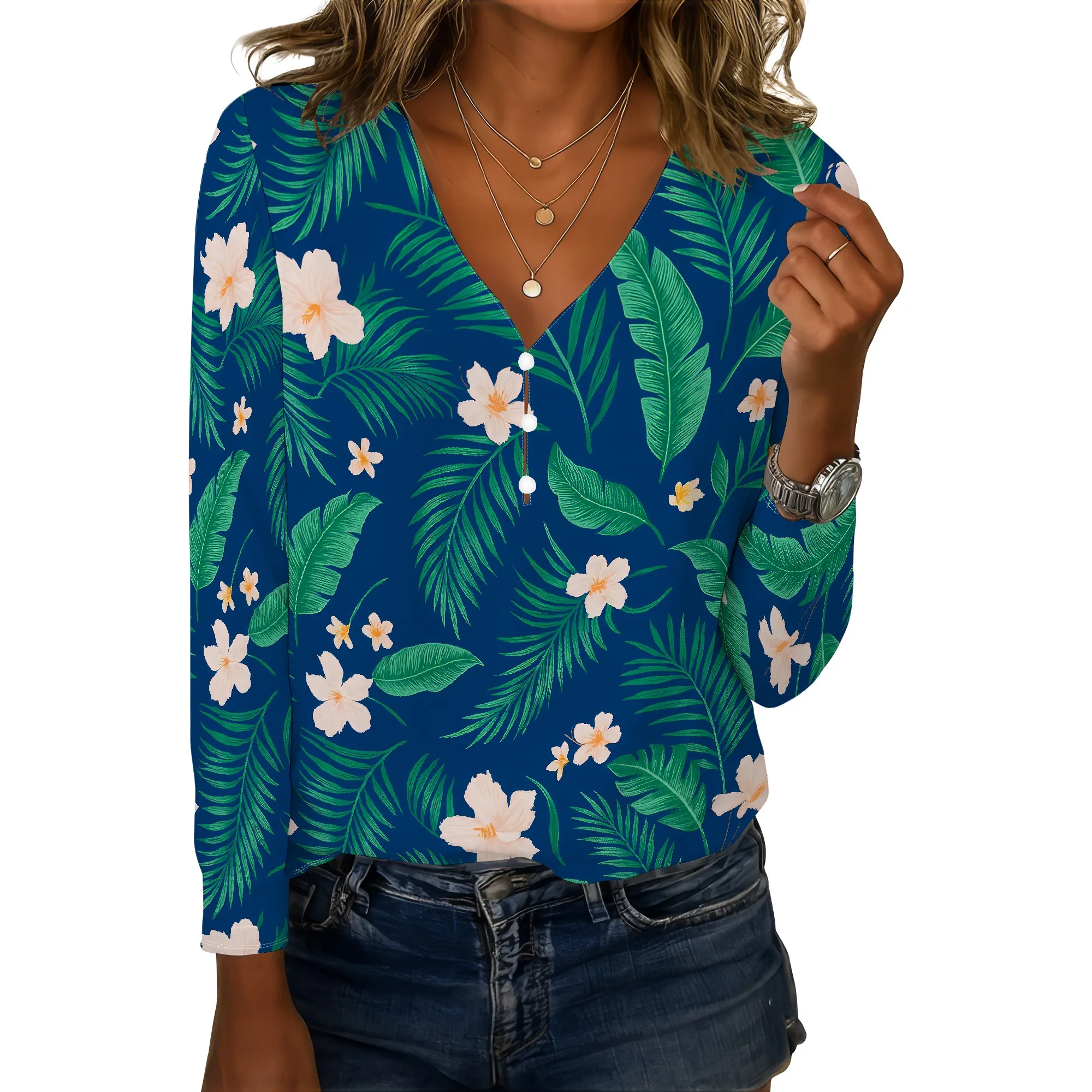 Camicette da donna con stampa floreale Boho per donna Camicetta casual elegante con bottoni Camicetta carina con scollo a V Camicie a maniche lunghe Tunica