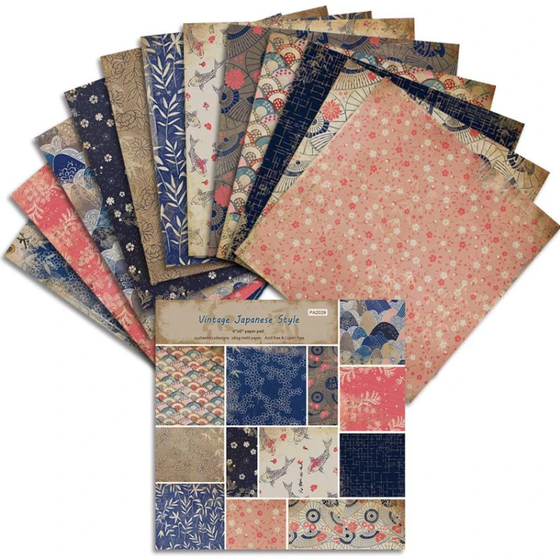 Vintage Japanese Style Scrapbook Paper Pad 6x6inch Assorted Pattern decoupage Cardstock Paper Single-Sided Decorative Card
